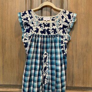 Mi Golondrina Blue & White Gingham Embroidered Mexican Blouse Size M